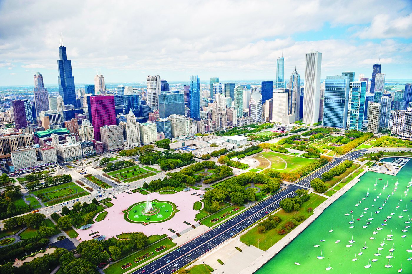 Aerial view of Grant Park and Millennium Park in Chicago